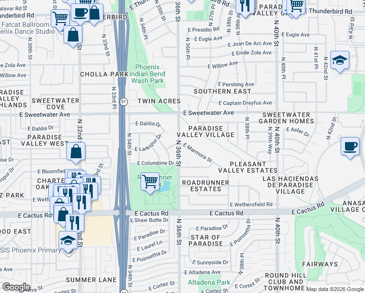 map of restaurants, bars, coffee shops, grocery stores, and more near 3623 East Marmora Street in Phoenix