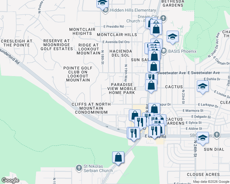 map of restaurants, bars, coffee shops, grocery stores, and more near 1913 East Louise Drive in Phoenix