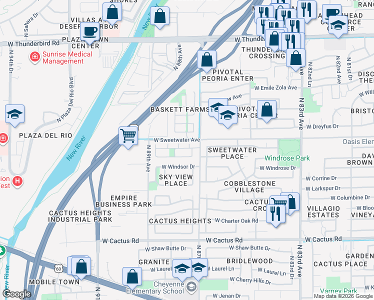 map of restaurants, bars, coffee shops, grocery stores, and more near 8794 West Aster Drive in Peoria
