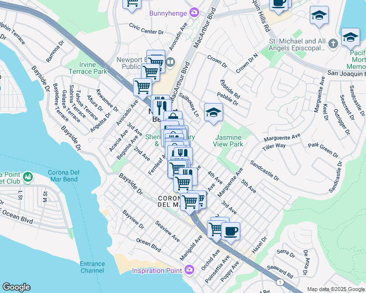 map of restaurants, bars, coffee shops, grocery stores, and more near 704 Goldenrod Avenue in Newport Beach