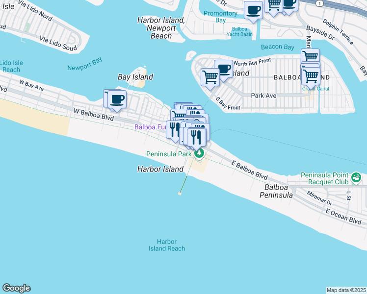 map of restaurants, bars, coffee shops, grocery stores, and more near 605 East Balboa Boulevard in Newport Beach