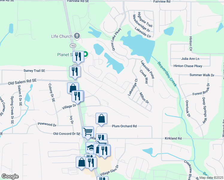 map of restaurants, bars, coffee shops, grocery stores, and more near 305 Barshay Drive in Covington