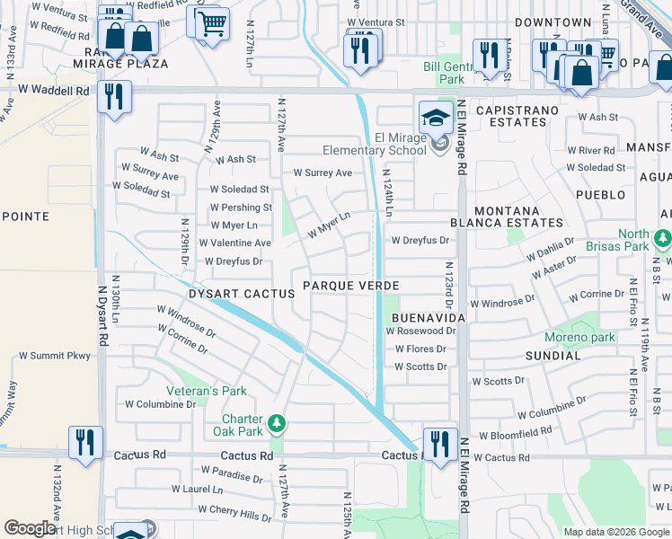 map of restaurants, bars, coffee shops, grocery stores, and more near 12610 West Aster Drive in El Mirage