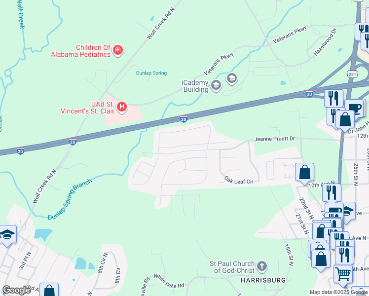 map of restaurants, bars, coffee shops, grocery stores, and more near 320 Fox Run Lane in Pell City