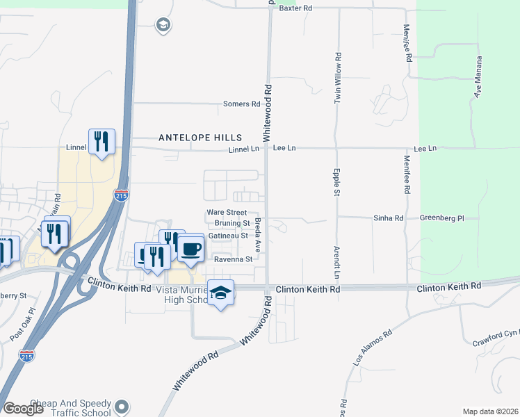 map of restaurants, bars, coffee shops, grocery stores, and more near 28480 Ware Street in Murrieta