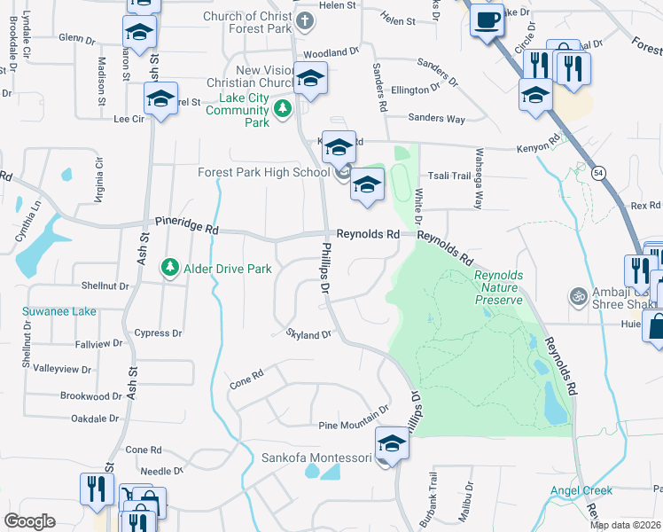 map of restaurants, bars, coffee shops, grocery stores, and more near 5584 Phillips Drive in Morrow