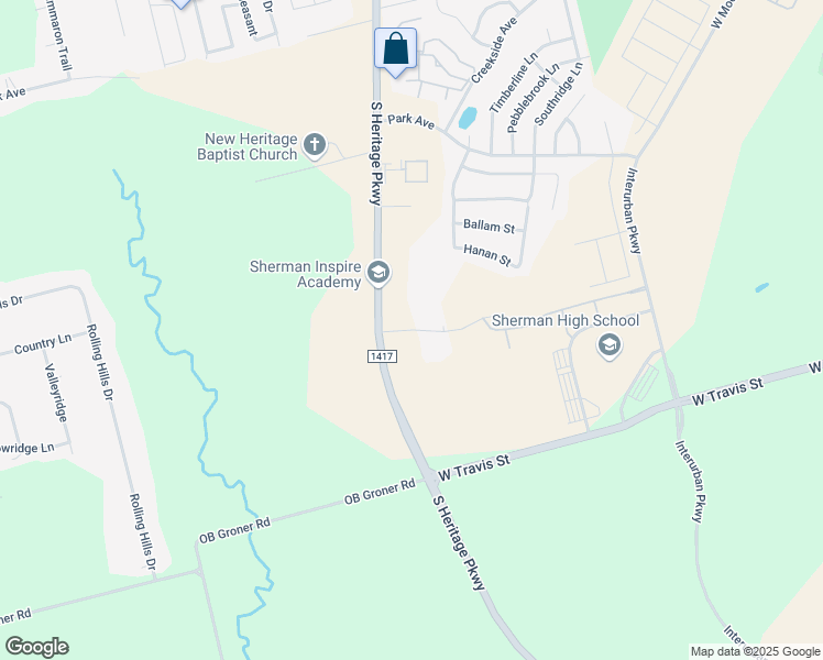 map of restaurants, bars, coffee shops, grocery stores, and more near Steeple Chase Drive in Sherman