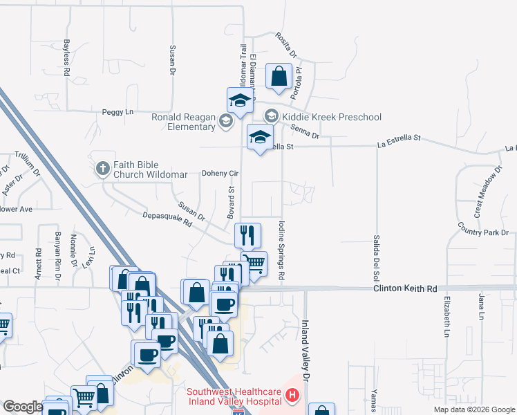 map of restaurants, bars, coffee shops, grocery stores, and more near 35696 Capistrano Street in Wildomar