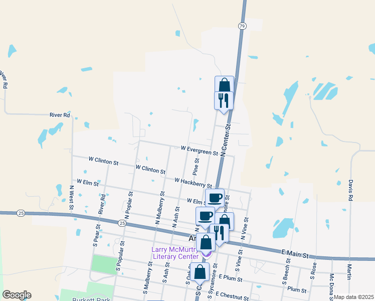 map of restaurants, bars, coffee shops, grocery stores, and more near 415 North Ash Street in Archer City