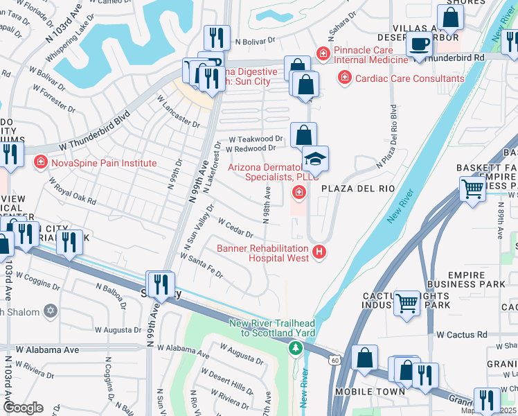 map of restaurants, bars, coffee shops, grocery stores, and more near 9807 West Emberwood Drive in Sun City