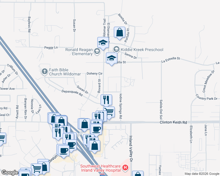 map of restaurants, bars, coffee shops, grocery stores, and more near 35696 Capistrano Street in Wildomar