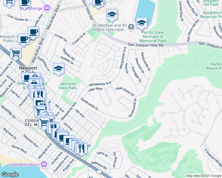 map of restaurants, bars, coffee shops, grocery stores, and more near 3501 Sausalito Drive in Newport Beach