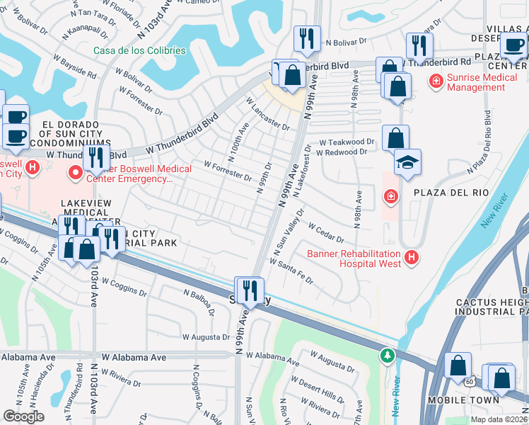 map of restaurants, bars, coffee shops, grocery stores, and more near 12877 North 99th Drive in Sun City