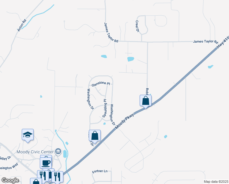 map of restaurants, bars, coffee shops, grocery stores, and more near 1119 Washington Drive in Moody