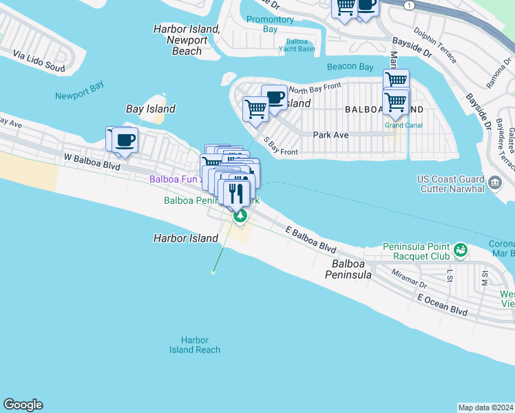 map of restaurants, bars, coffee shops, grocery stores, and more near 900 East Balboa Boulevard in Newport Beach