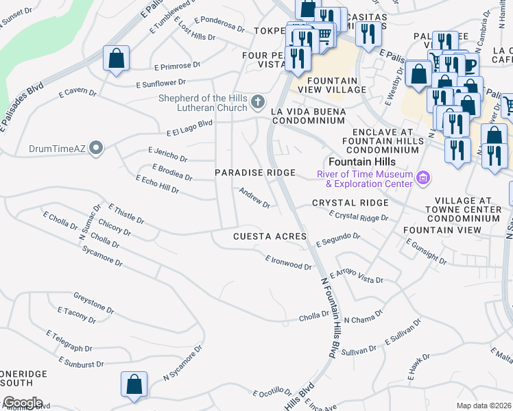 map of restaurants, bars, coffee shops, grocery stores, and more near 16129 Andrew Drive in Fountain Hills