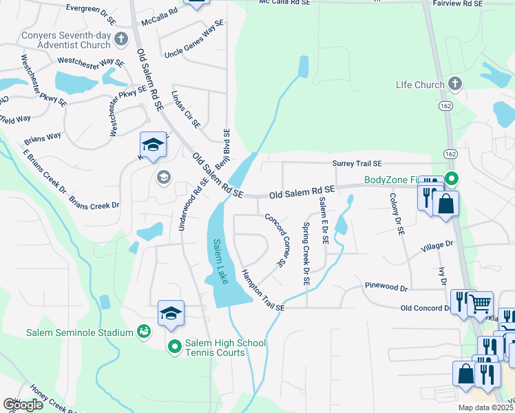 map of restaurants, bars, coffee shops, grocery stores, and more near Salem Lane Southeast in Rockdale County