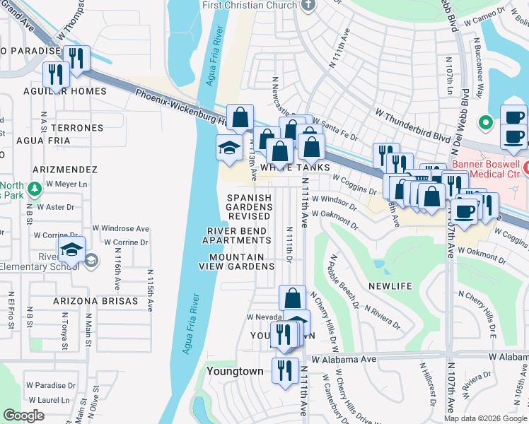 map of restaurants, bars, coffee shops, grocery stores, and more near 12835 North 112th Avenue in Youngtown