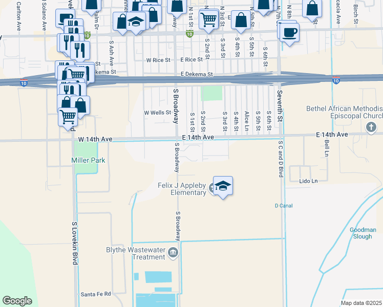 map of restaurants, bars, coffee shops, grocery stores, and more near 550 South Broadway in Blythe