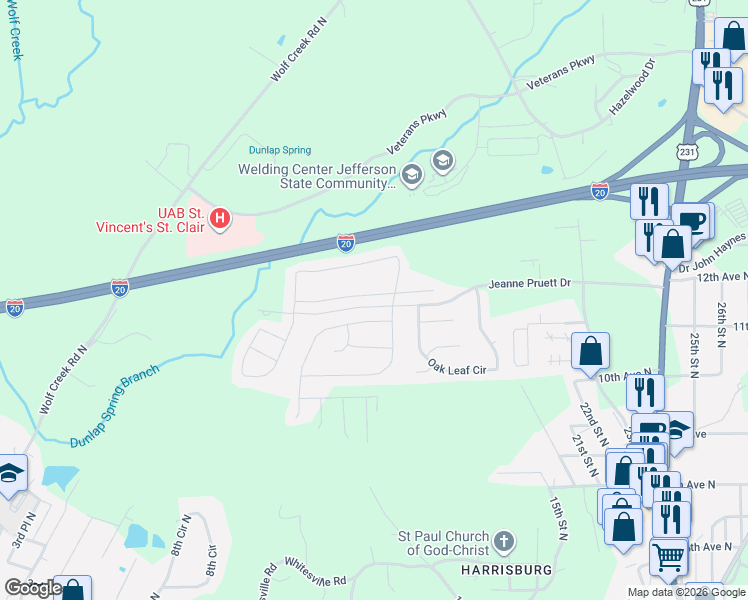 map of restaurants, bars, coffee shops, grocery stores, and more near 320 Woodland Crest in Pell City