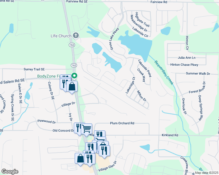 map of restaurants, bars, coffee shops, grocery stores, and more near 315 Barshay Drive in Covington