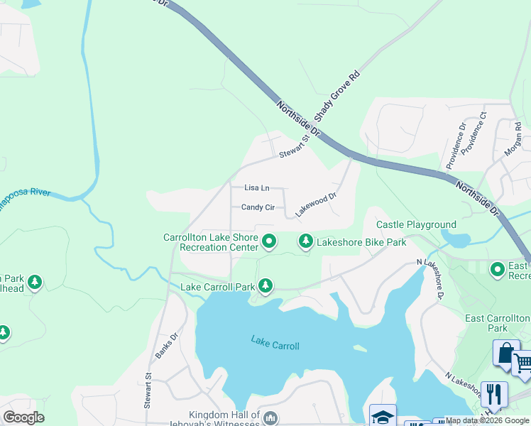 map of restaurants, bars, coffee shops, grocery stores, and more near 110 Kay Lane in Carrollton