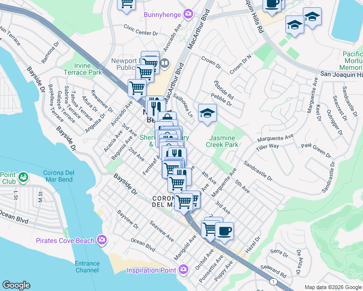 map of restaurants, bars, coffee shops, grocery stores, and more near Goldenrod Avenue in Newport Beach