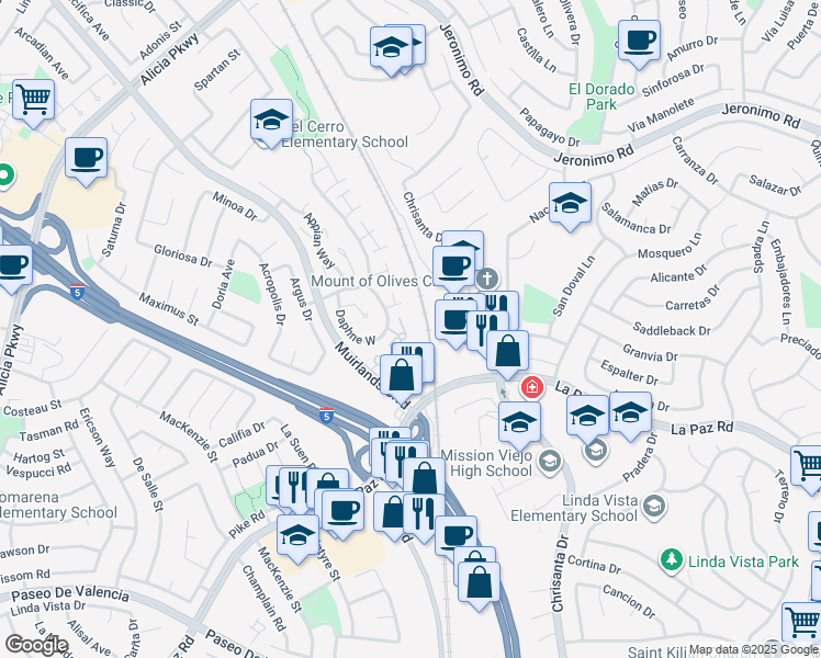 map of restaurants, bars, coffee shops, grocery stores, and more near 24812 Leto Circle in Mission Viejo