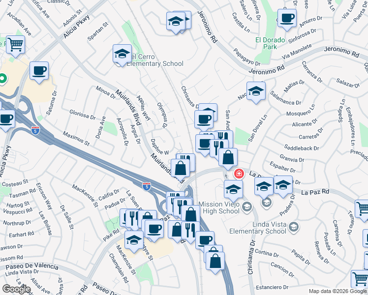 map of restaurants, bars, coffee shops, grocery stores, and more near 24812 Leto Circle in Mission Viejo