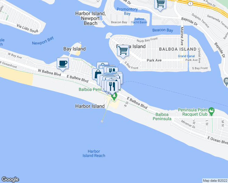 map of restaurants, bars, coffee shops, grocery stores, and more near Main Street in Newport Beach