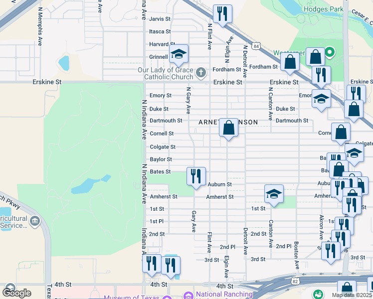 map of restaurants, bars, coffee shops, grocery stores, and more near 3212 Baylor Street in Lubbock