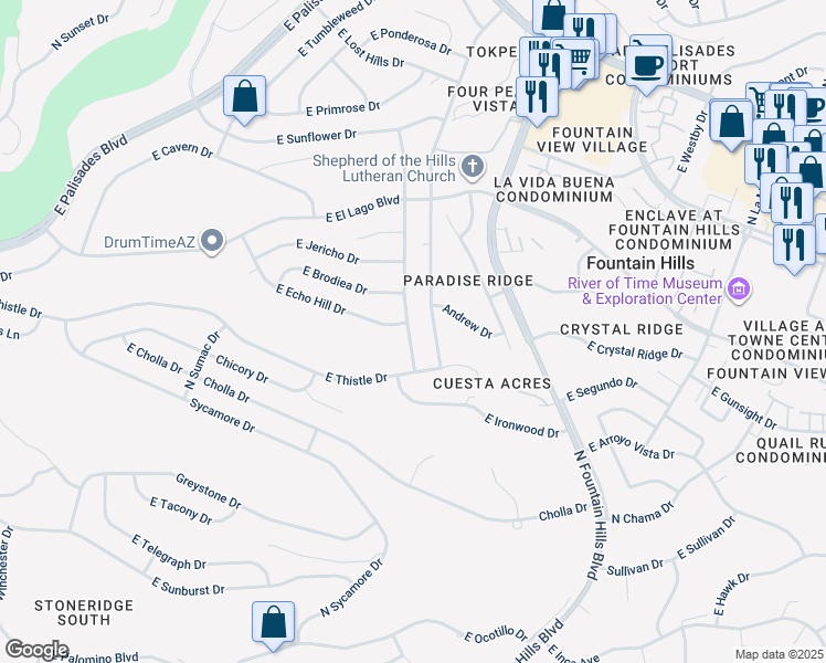 map of restaurants, bars, coffee shops, grocery stores, and more near 12634 North Mimosa Drive in Fountain Hills