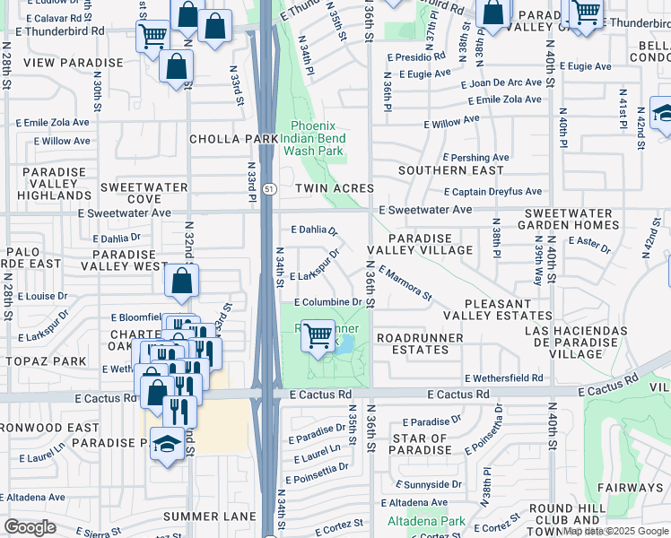map of restaurants, bars, coffee shops, grocery stores, and more near 12627 North 35th Street in Phoenix
