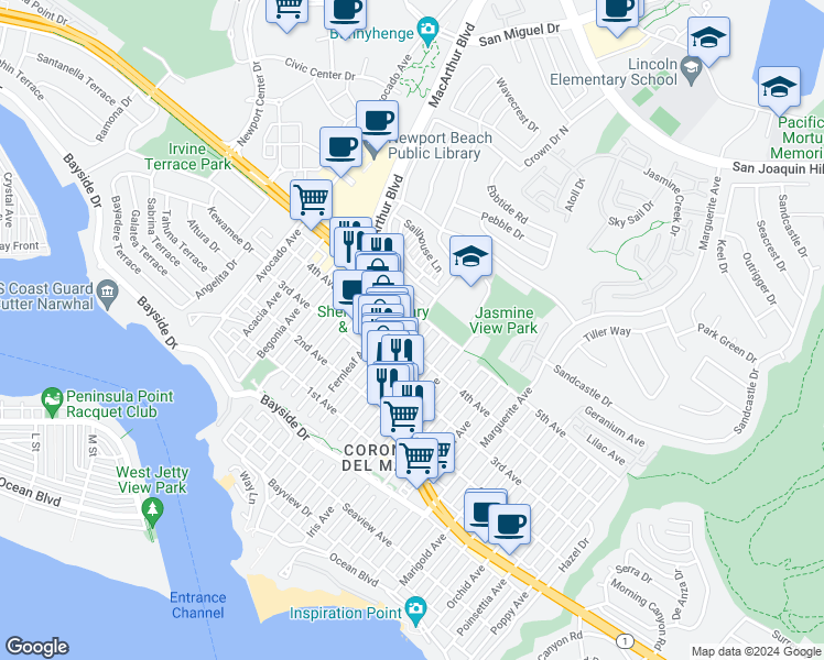 map of restaurants, bars, coffee shops, grocery stores, and more near 704 Goldenrod Avenue in Newport Beach
