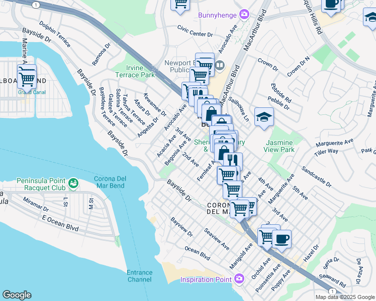 map of restaurants, bars, coffee shops, grocery stores, and more near 440 Carnation Avenue in Newport Beach