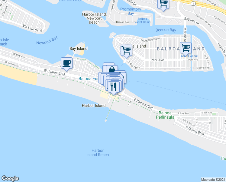 map of restaurants, bars, coffee shops, grocery stores, and more near 105 Main Street in Newport Beach
