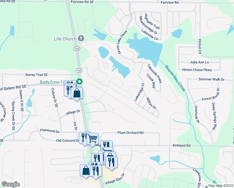 map of restaurants, bars, coffee shops, grocery stores, and more near 315 Barshay Drive in Covington