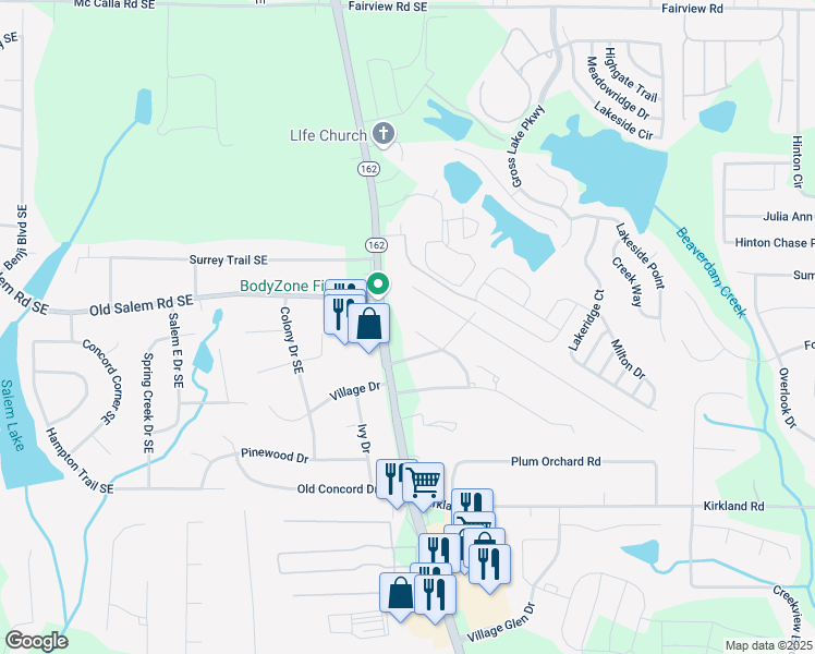 map of restaurants, bars, coffee shops, grocery stores, and more near 3214 Salem Cove Way Southeast in Conyers