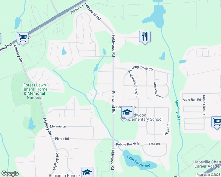 map of restaurants, bars, coffee shops, grocery stores, and more near 3900 Melanie Woods Drive in College Park