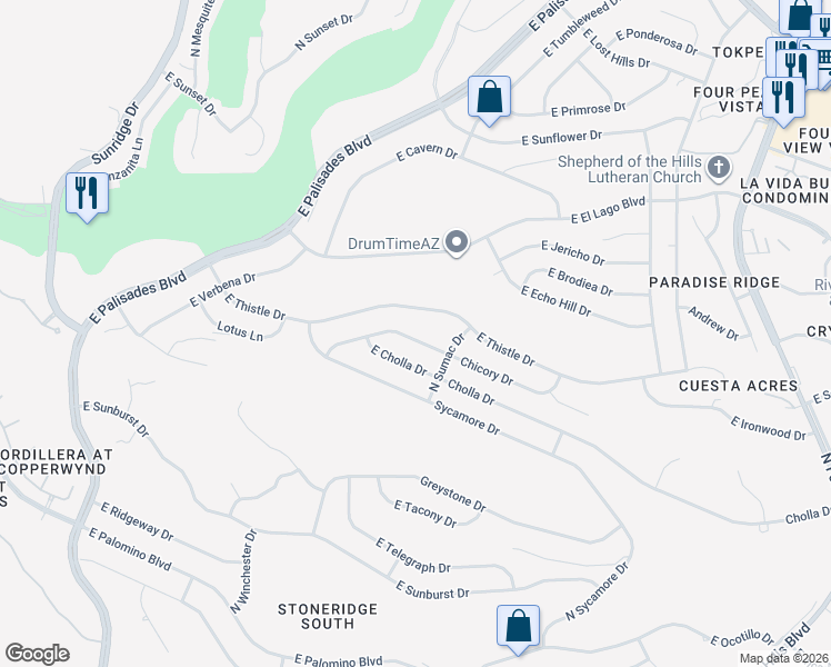 map of restaurants, bars, coffee shops, grocery stores, and more near 15604 Chicory Drive in Fountain Hills