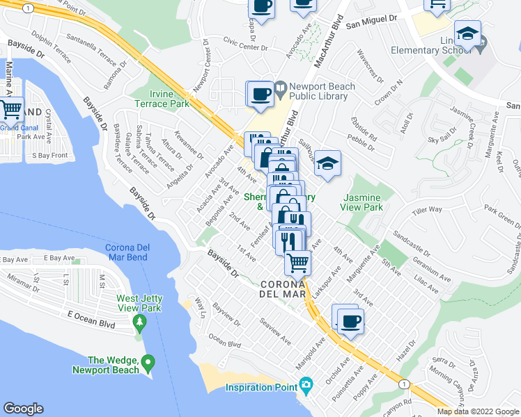 map of restaurants, bars, coffee shops, grocery stores, and more near 603 Dahlia Avenue in Newport Beach