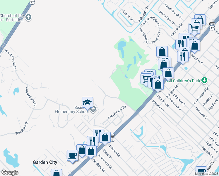 map of restaurants, bars, coffee shops, grocery stores, and more near 1107 Louise Costin Lane in Murrells Inlet