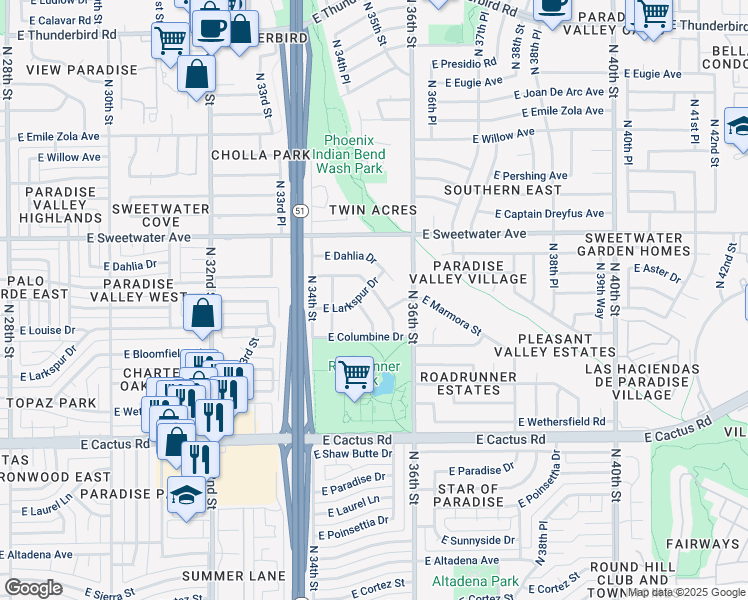 map of restaurants, bars, coffee shops, grocery stores, and more near 12627 North 35th Street in Phoenix