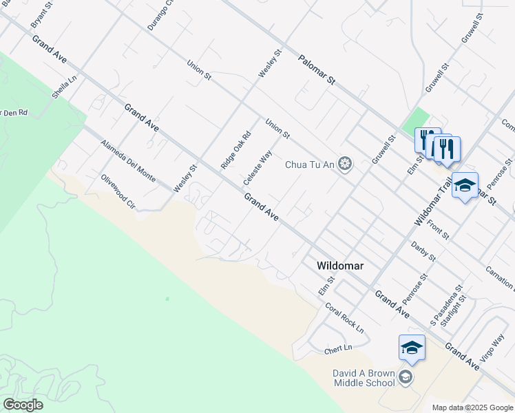 map of restaurants, bars, coffee shops, grocery stores, and more near Wilson Street in Wildomar