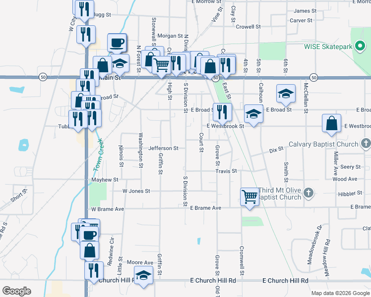 map of restaurants, bars, coffee shops, grocery stores, and more near 100 Jefferson Street in West Point