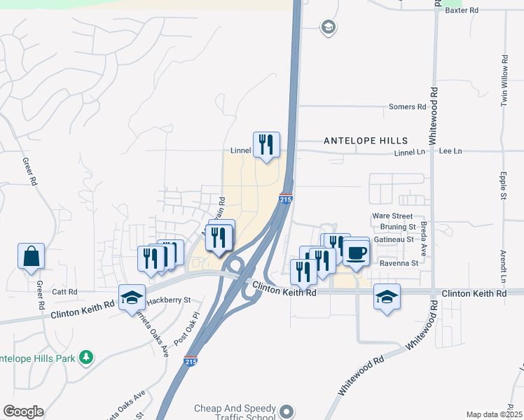 map of restaurants, bars, coffee shops, grocery stores, and more near 27826 Clinton Keith Road in Murrieta