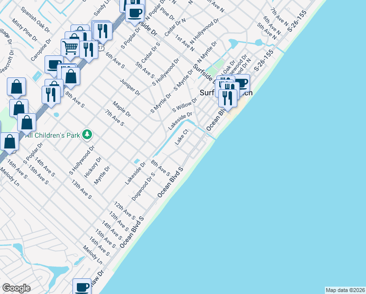 map of restaurants, bars, coffee shops, grocery stores, and more near 114 6th Avenue South in Surfside Beach
