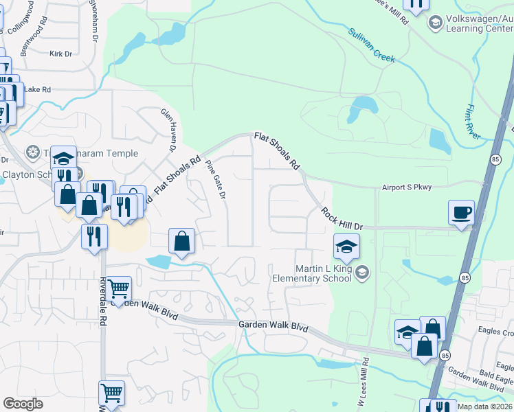 map of restaurants, bars, coffee shops, grocery stores, and more near 5599 Windwood Road in Atlanta