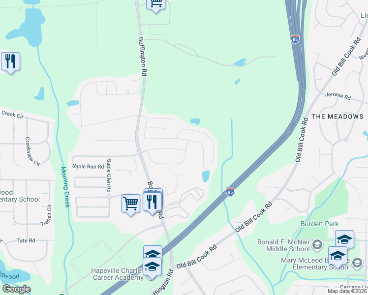 map of restaurants, bars, coffee shops, grocery stores, and more near 3224 Sable Run Road in Atlanta