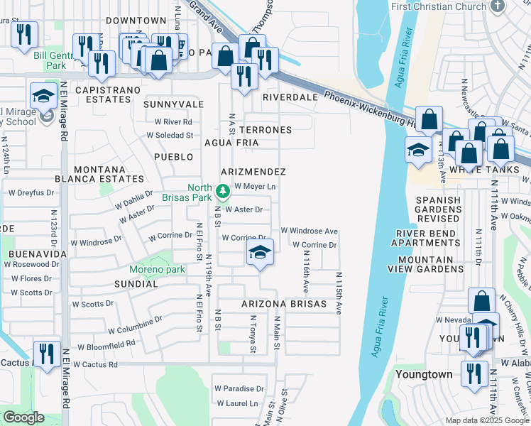 map of restaurants, bars, coffee shops, grocery stores, and more near 11763 West Aster Drive in El Mirage